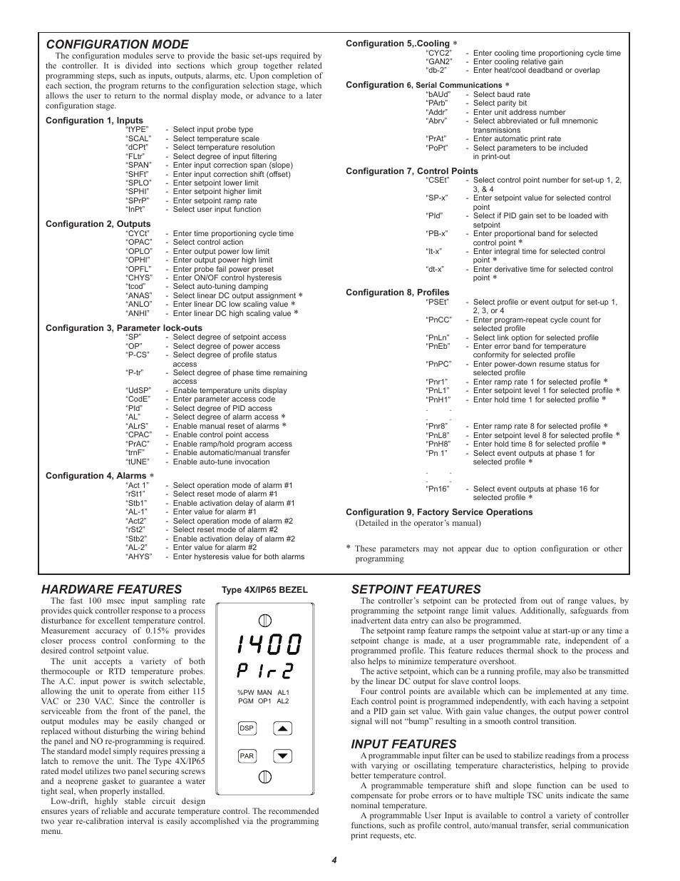 Configuration mode, Hardware features, Setpoint features | Input features | Red Lion TSC User Manual | Page 4 / 8