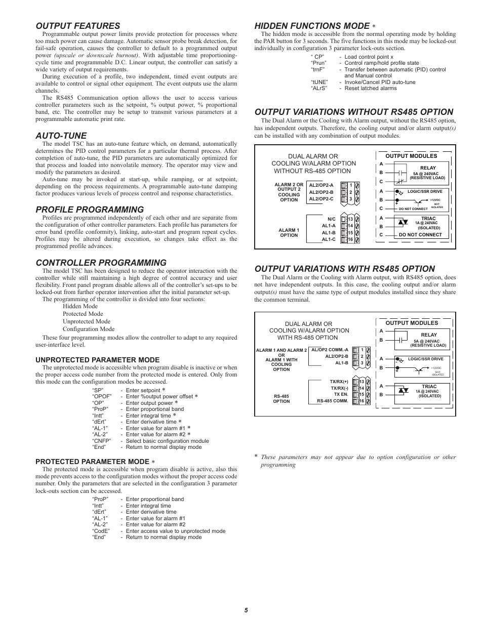 Output features, Auto-tune, Profile programming | Controller programming, Hidden functions mode, Output variations without rs485 option, Output variations with rs485 option, Unprotected parameter mode, Protected parameter mode | Red Lion TSC User Manual | Page 5 / 8