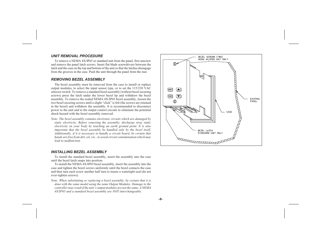 Unit removal procedure 9, Removing bezel assembly 9, Installing bezel assembly 9 | Red Lion TSC User Manual | Page 11 / 92