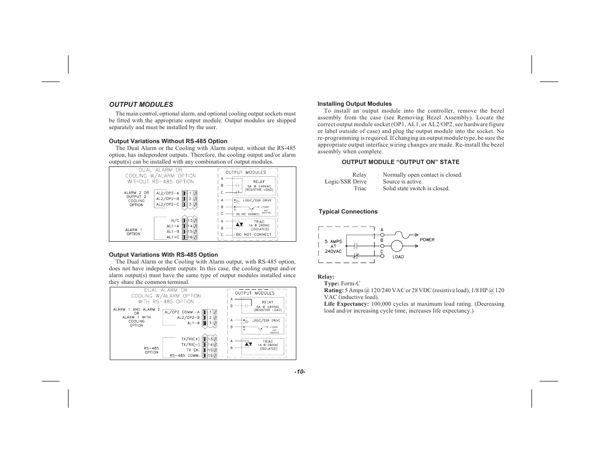 Output modules 10, Out put vari a tions with out rs-485 op tion 10, Out put vari a tions with rs-485 op tion 10 | In stalling out put mod ules 10, Output module ﬁoutput onﬂ state 10, Typical connections 10 | Red Lion TSC User Manual | Page 12 / 92