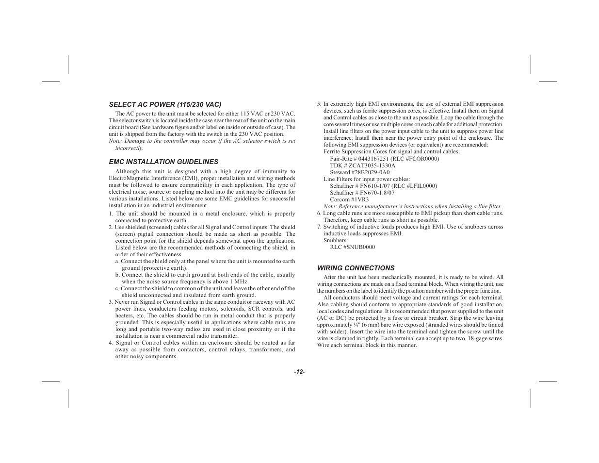 Select ac power (115/230 vac) 12, Emc installation guidelines 12, Wiring connections 12 | Red Lion TSC User Manual | Page 14 / 92