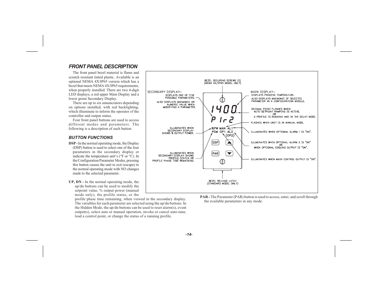 Front panel description 14, Button functions 14, Front panel description | Red Lion TSC User Manual | Page 16 / 92