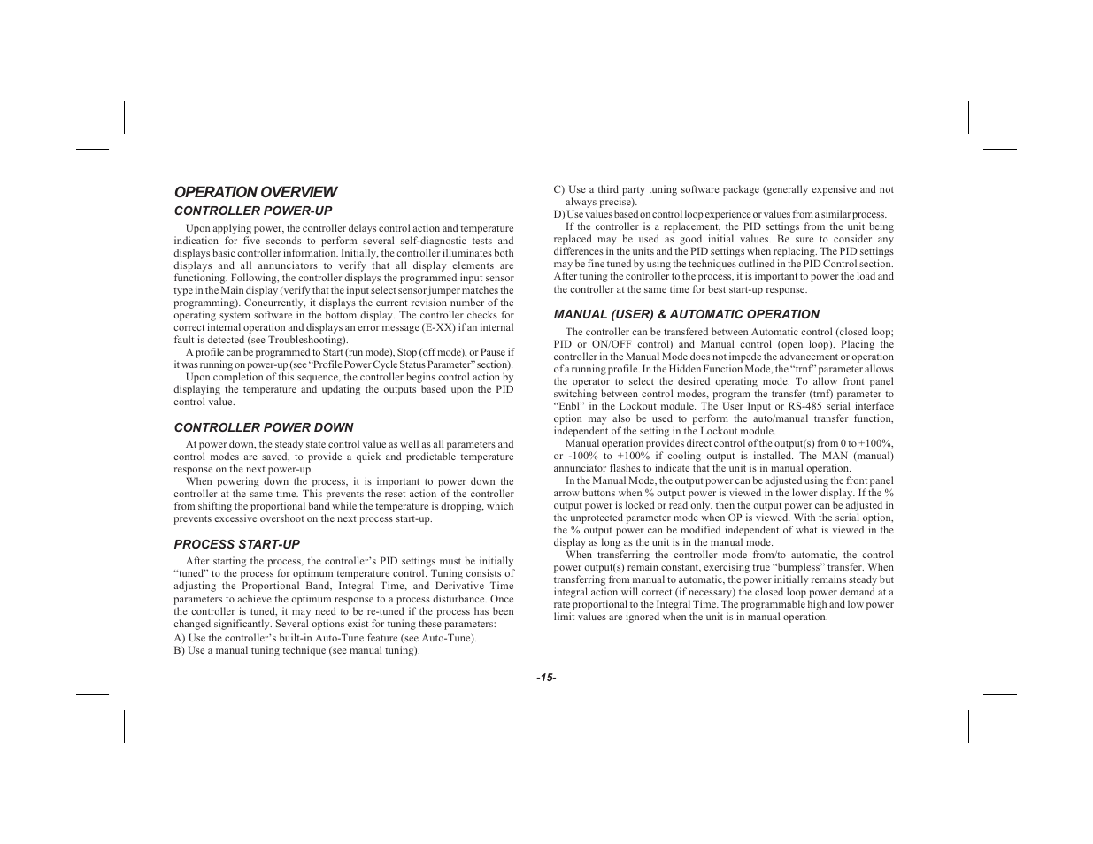 Operation overview 15, Controller power-up 15, Controller power down 15 | Process start-up 15, Manual (user) & automatic operation 15, Operation overview | Red Lion TSC User Manual | Page 17 / 92