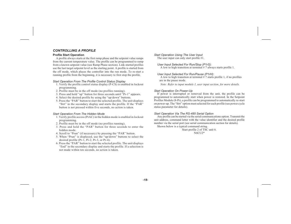 Controlling a profile 18, Pro file start op er a tion 18, Start operation from the hidden mode 18 | Start operation using the user input 18, Start operation on power-up 18, Start operation via the rs-485 serial option 18 | Red Lion TSC User Manual | Page 20 / 92