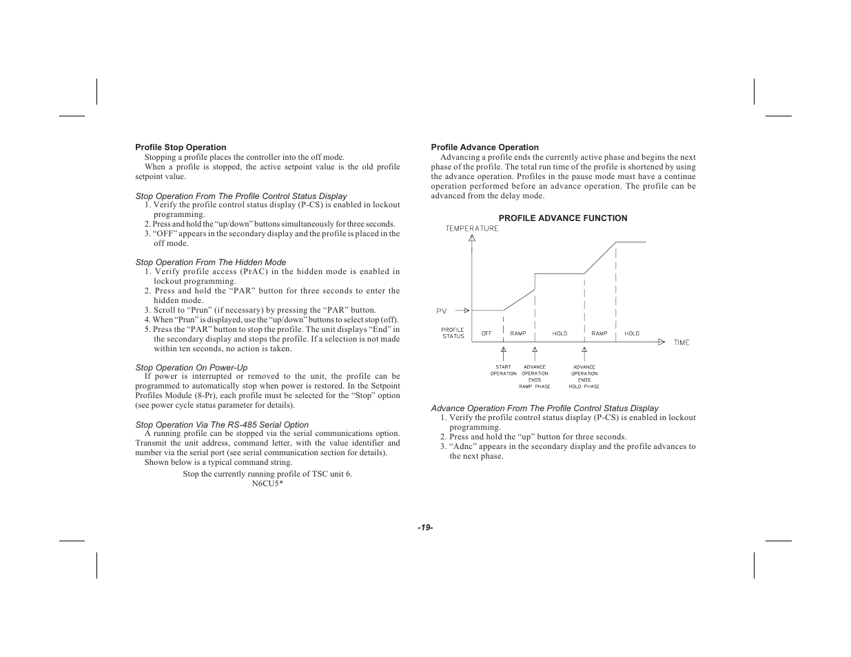 Pro file stop op er a tion 19, Stop operation from the hidden mode 19, Stop operation on power-up 19 | Stop operation via the rs-485 serial option 19, Pro file ad vance op er a tion 19 | Red Lion TSC User Manual | Page 21 / 92