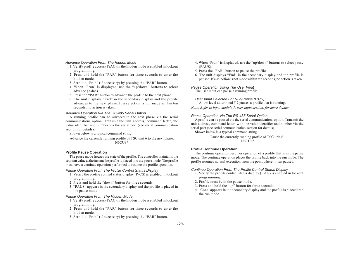 Advance operation from the hidden mode 20, Advance operation via the rs-485 serial option 20, Pro file pause op er a tion 20 | Pause operation from the hidden mode 20, Pause operation using the user input 20, Pause operation via the rs-485 serial option 20, Pro file con tinue op er a tion 20 | Red Lion TSC User Manual | Page 22 / 92