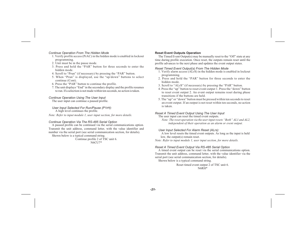 Continue operation from the hidden mode 21, Continue operation using the user input 21, Continue operation via the rs-485 serial option 21 | Re set event out puts op er a tion 21, Reset a timed event output using the user input 21 | Red Lion TSC User Manual | Page 23 / 92