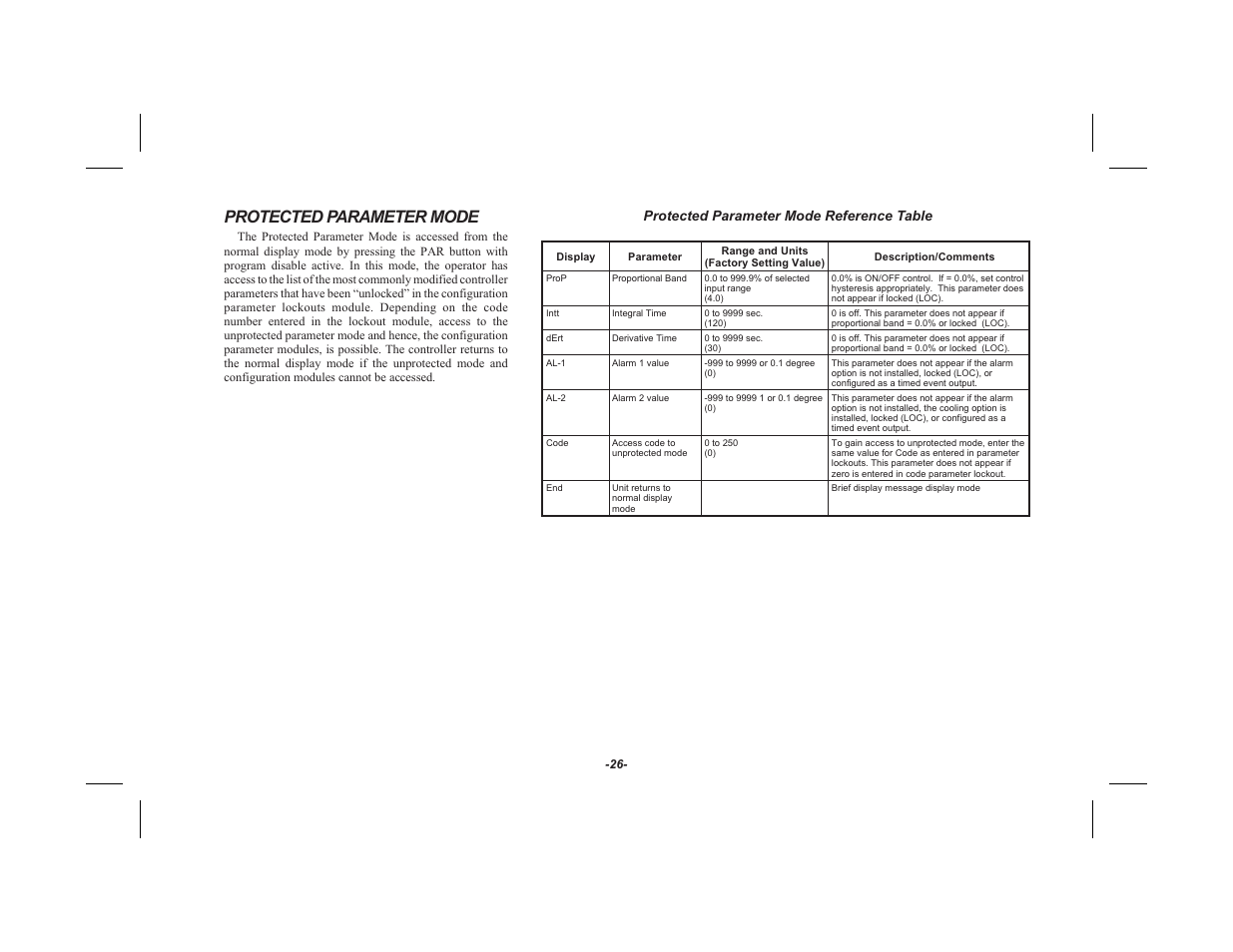 Protected parameter mode 26, Pro tected pa ram e ter mode ref er ence ta ble 26, Protected parameter mode | Red Lion TSC User Manual | Page 28 / 92