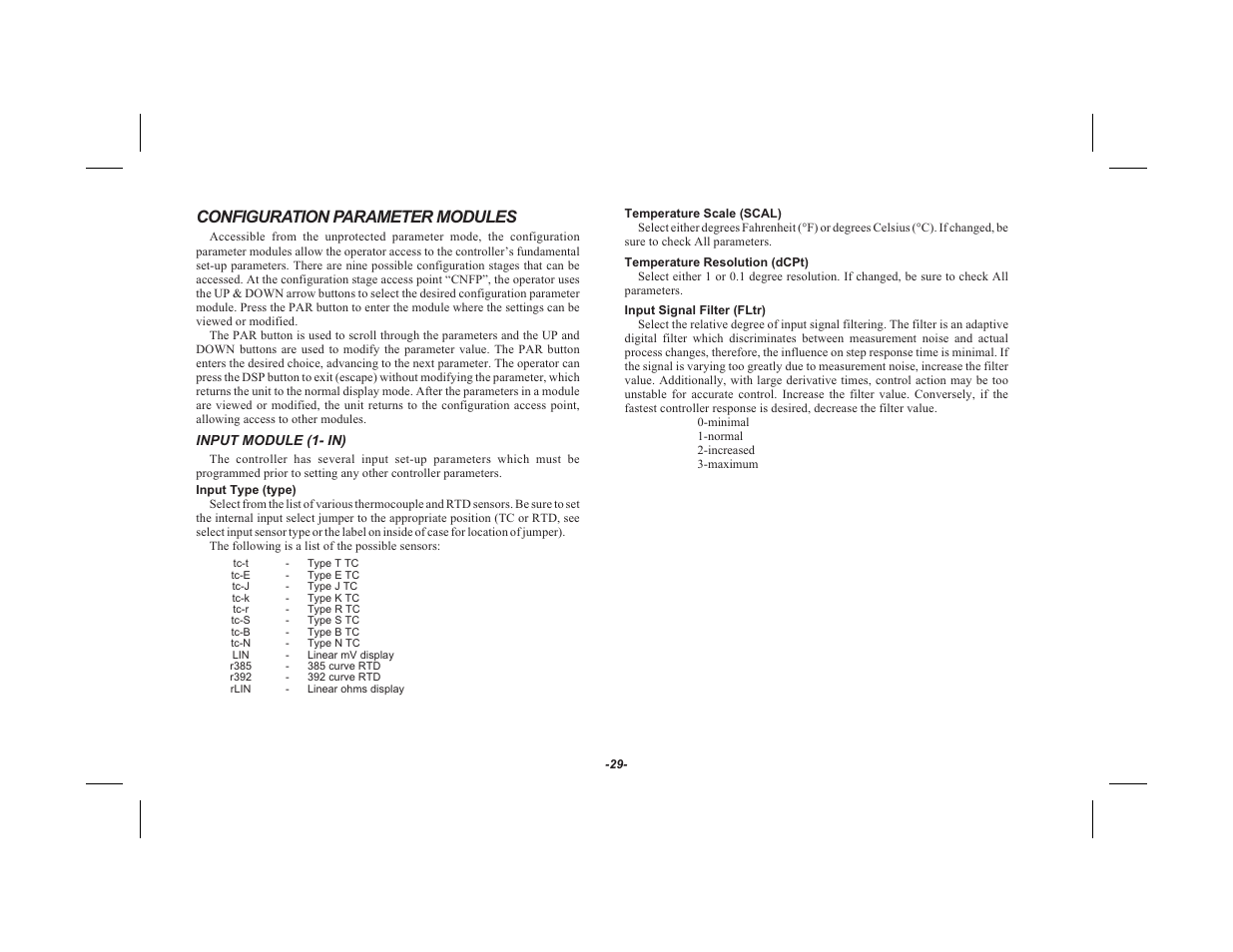 Configuration parameter modules 29, Input module (1- in) 29, In put type (type) 29 | Tem per a ture scale ( scal ) 29, Tem per a ture res o lu tion ( dcpt ) 29, In put sig nal fil ter ( fltr ) 29, Configuration parameter modules | Red Lion TSC User Manual | Page 31 / 92