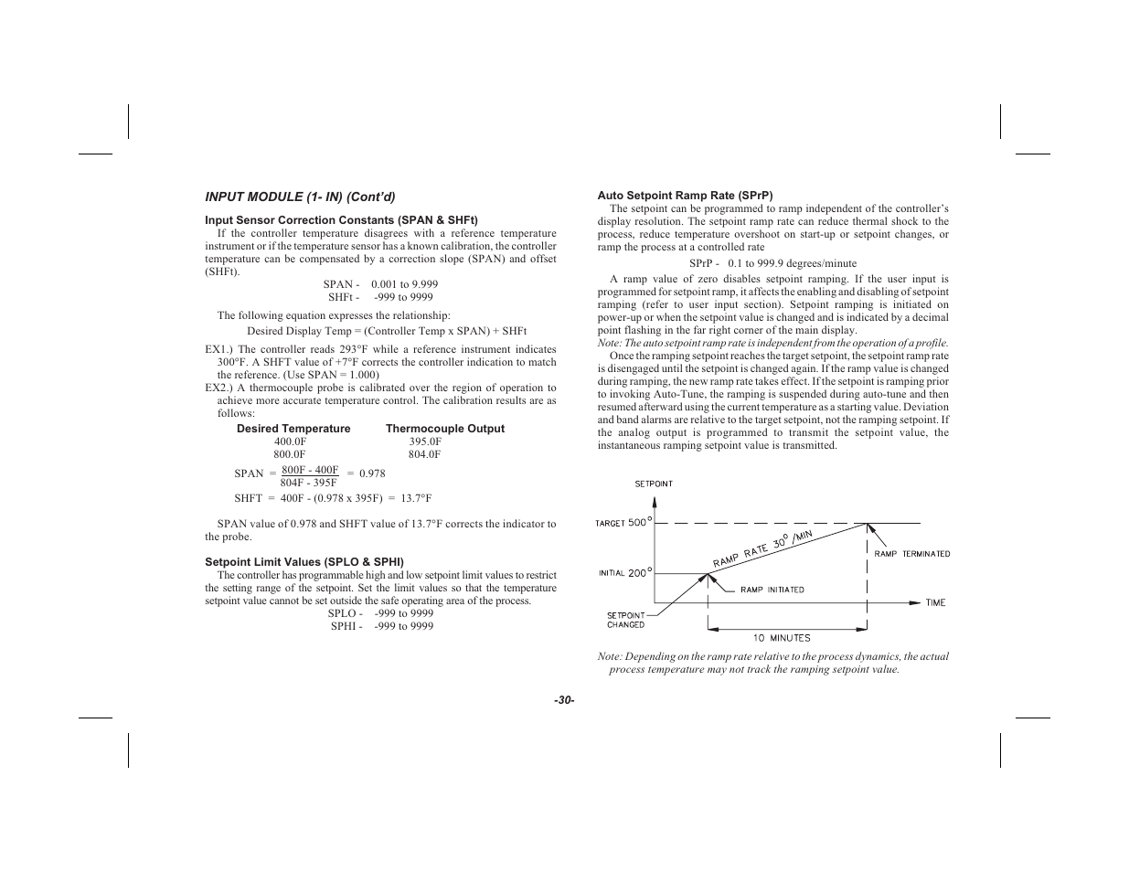 Setpoint limit values ( splo & sphi ) 30, Auto setpoint ramp rate ( sprp ) 30 | Red Lion TSC User Manual | Page 32 / 92