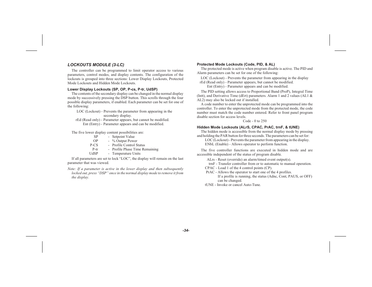 Lockouts module (3-lc) 34, Pro tected mode lock outs (code, pid , & al) 34 | Red Lion TSC User Manual | Page 36 / 92