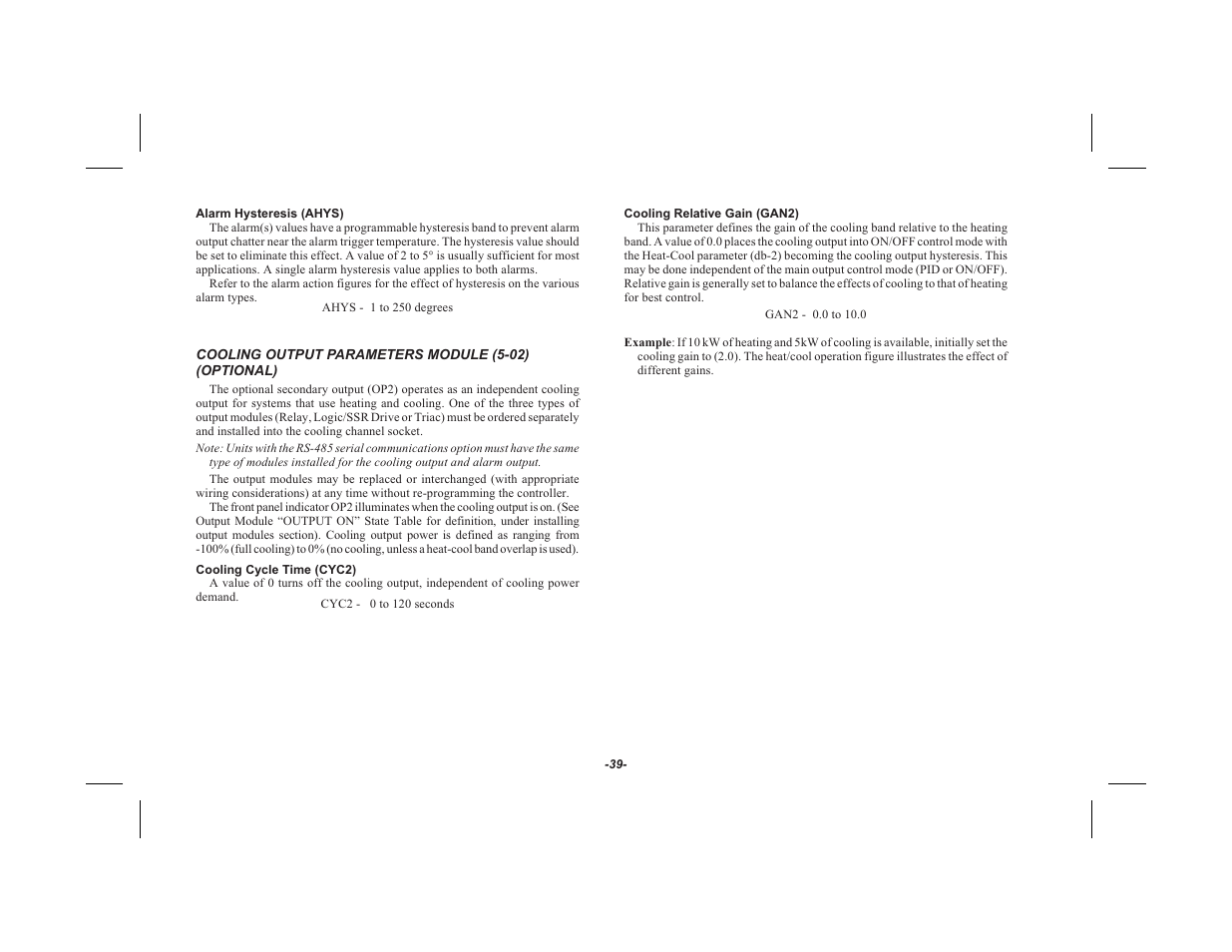 Alarm hys ter esis ( ahys ) 39, Cooling cy cle time (cyc2) 39, Cooling rel a tive gain (gan2) 39 | Red Lion TSC User Manual | Page 41 / 92