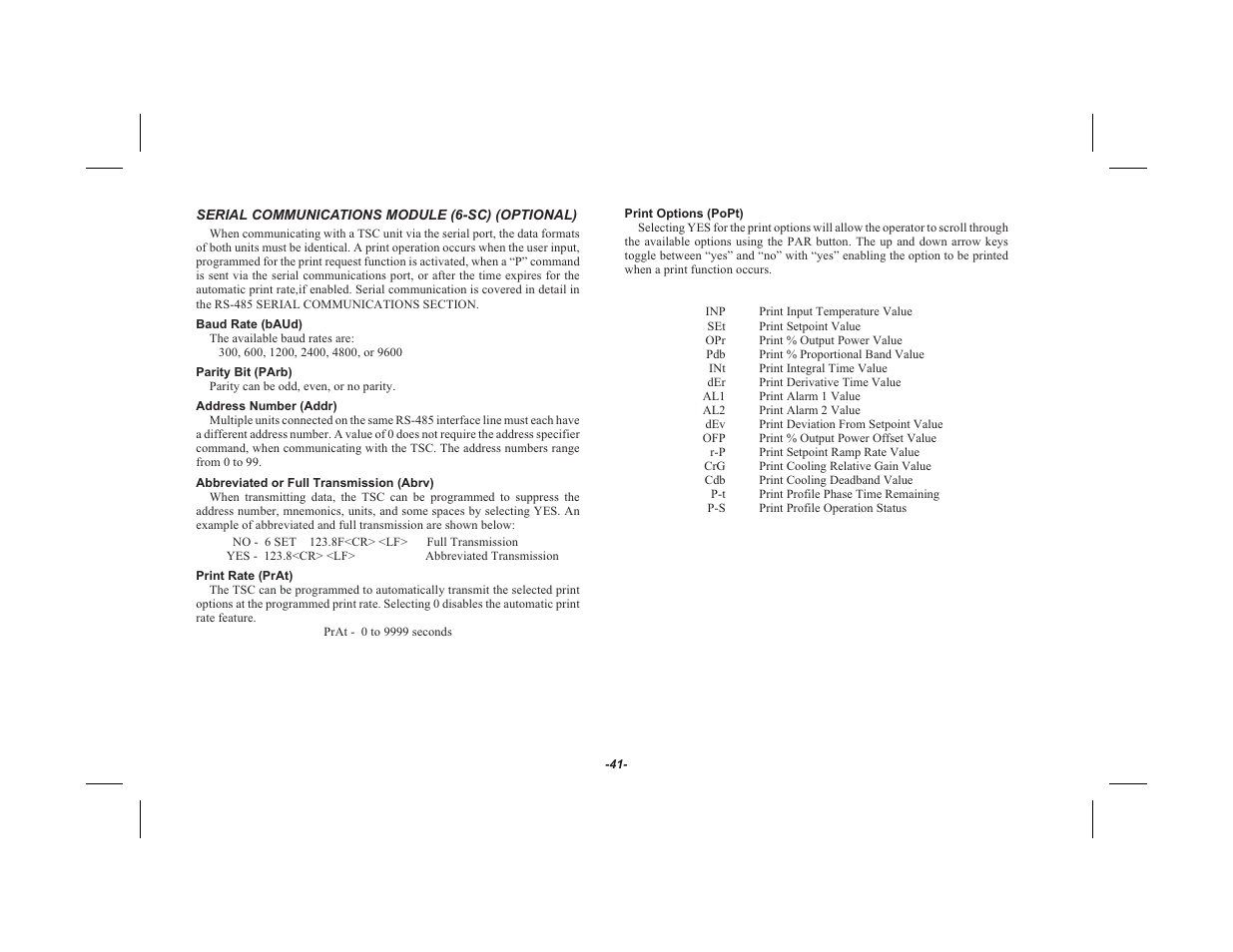 Serial communications module (6-sc) (optional) 41, Baud rate ( baud ) 41, Par ity bit ( parb ) 41 | Ad dress num ber ( addr ) 41, Ab bre vi ated or full trans mis sion ( abrv ) 41, Print rate ( prat ) 41, Print op tions ( popt ) 41 | Red Lion TSC User Manual | Page 43 / 92