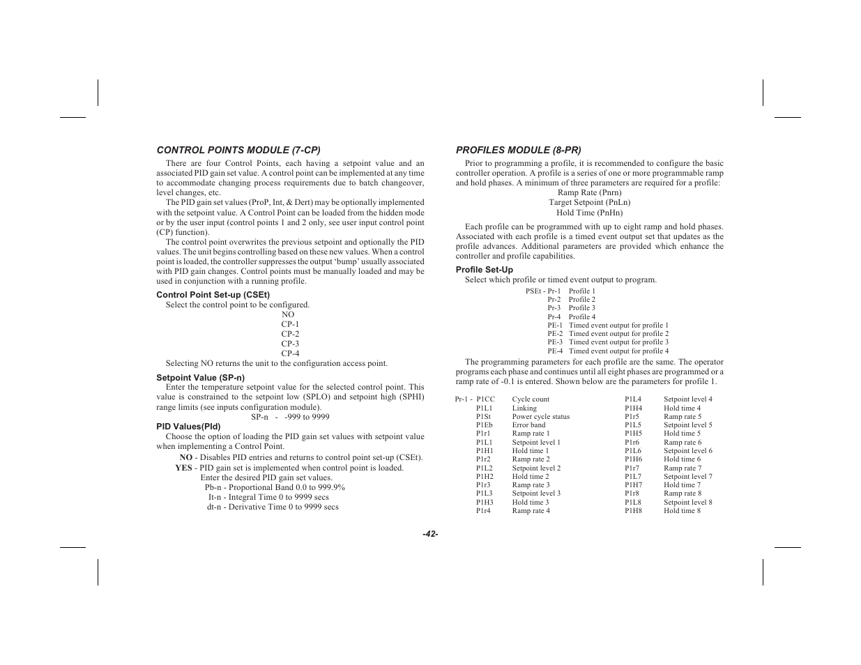 Control points module (7-cp) 42, Con trol point set-up ( cset ) 42, Setpoint value (sp-n) 42 | Pid values( pid ) 42, Profiles module (8-pr) 42, Pro file set-up 42 | Red Lion TSC User Manual | Page 44 / 92
