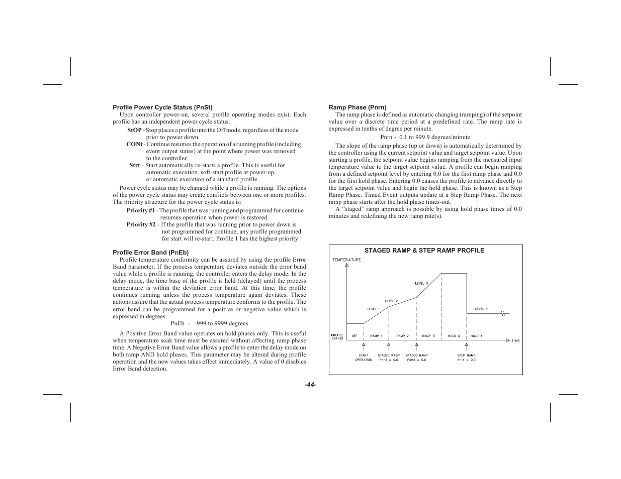 Pro file power cy cle sta tus ( pnst ) 44, Pro file er ror band ( pneb ) 44, Ramp phase ( pnrn ) 44 | Red Lion TSC User Manual | Page 46 / 92