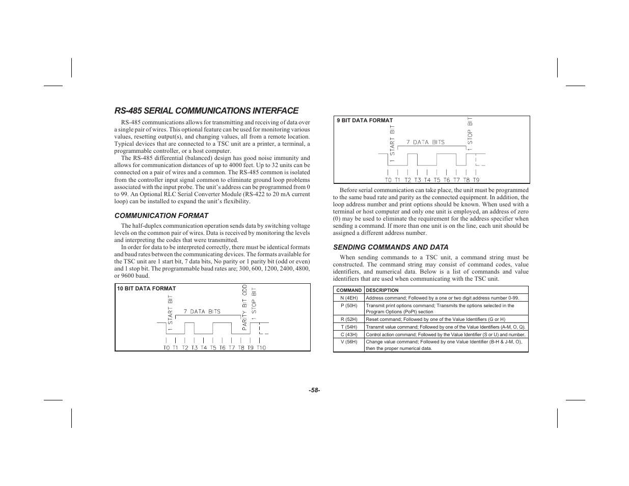 Rs-485 serial communications interface 58, Communication format 58, Sending commands and data 58 | Rs-485 serial communications interface | Red Lion TSC User Manual | Page 60 / 92