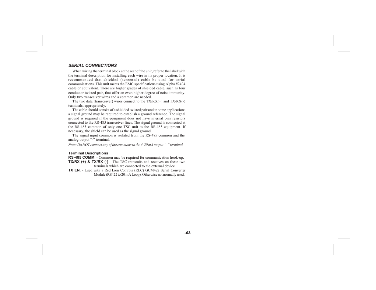 Serial connections 62, Ter mi nal de scrip tions 62 | Red Lion TSC User Manual | Page 64 / 92