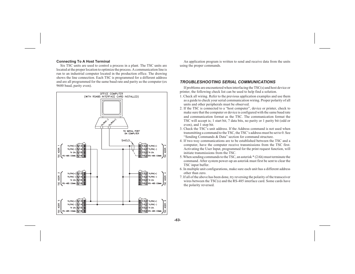 Con necting to a host ter mi nal 63, Trou ble shooting se rial com mu ni ca tions 63 | Red Lion TSC User Manual | Page 65 / 92