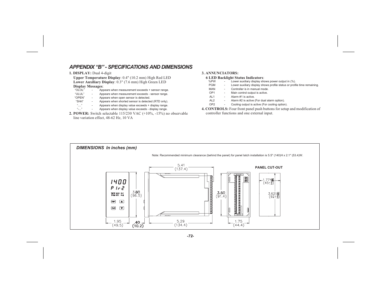 Appendix ﬁbﬂ - specifications and dimensions 72, Appendix “b” - specifications and dimensions | Red Lion TSC User Manual | Page 74 / 92