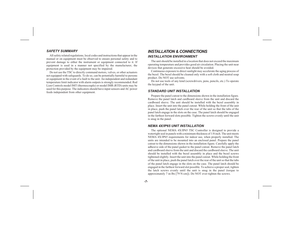 Safety summary 7, Installation & connections 7, Installation environment 7 | Standard unit installation 7, Nema 4x/ip65 unit installation 7, Installation & connections | Red Lion TSC User Manual | Page 9 / 92
