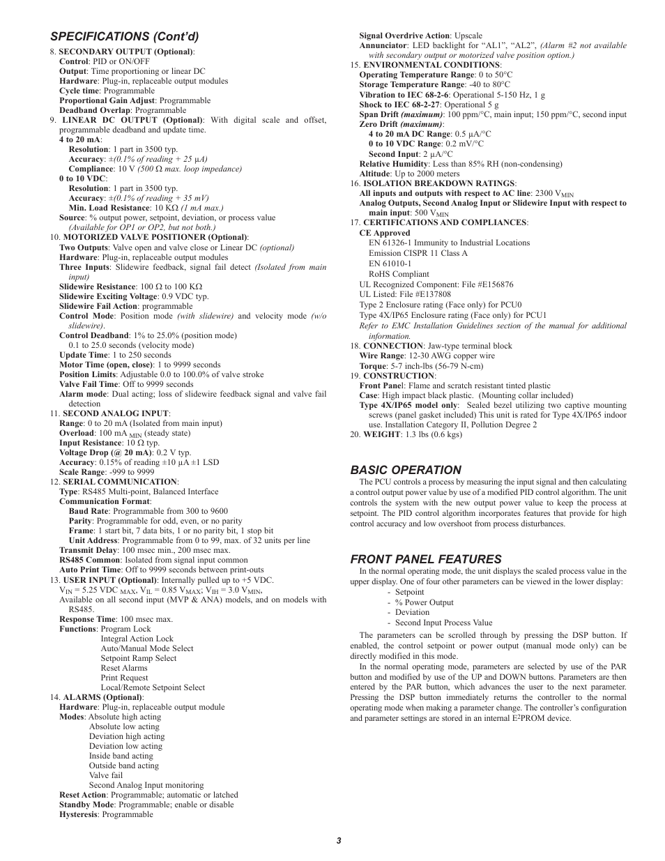 Specifications (cont’d), Basic operation, Front panel features | Red Lion PCU User Manual | Page 3 / 8