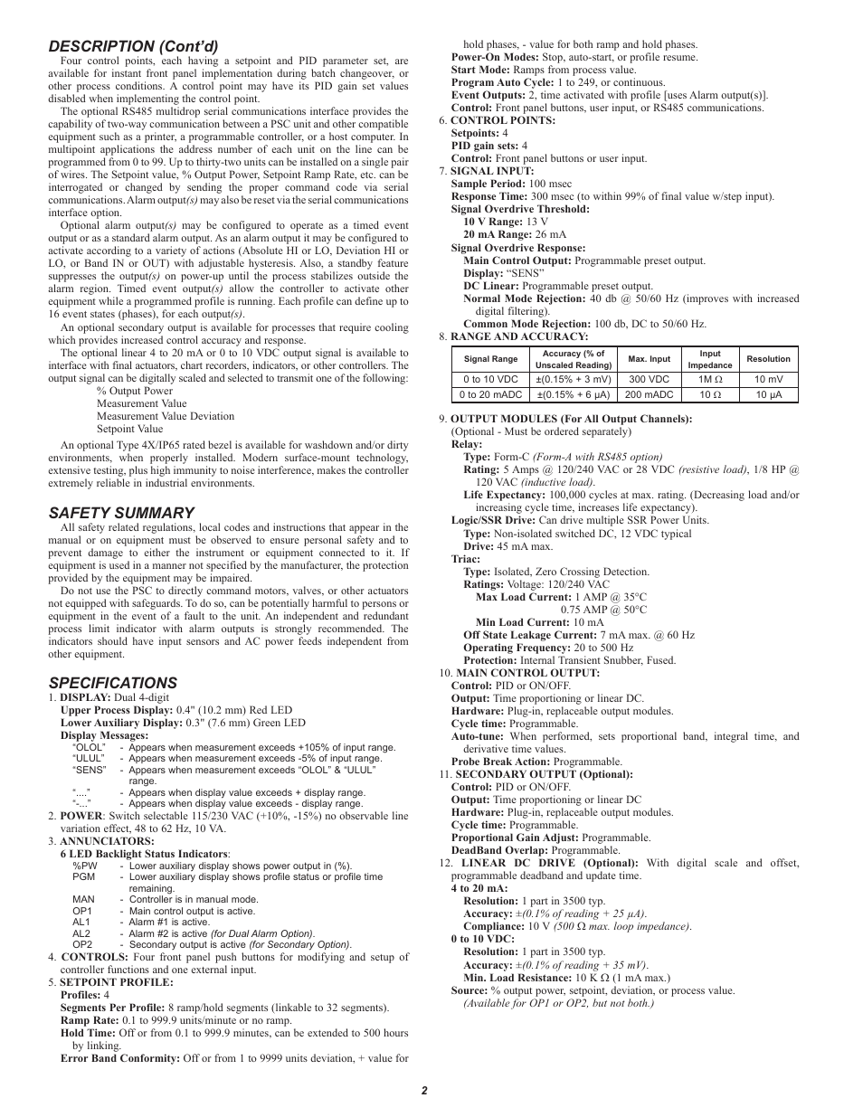 Description (cont’d), Safety summary, Specifications | Red Lion PSC User Manual | Page 2 / 8