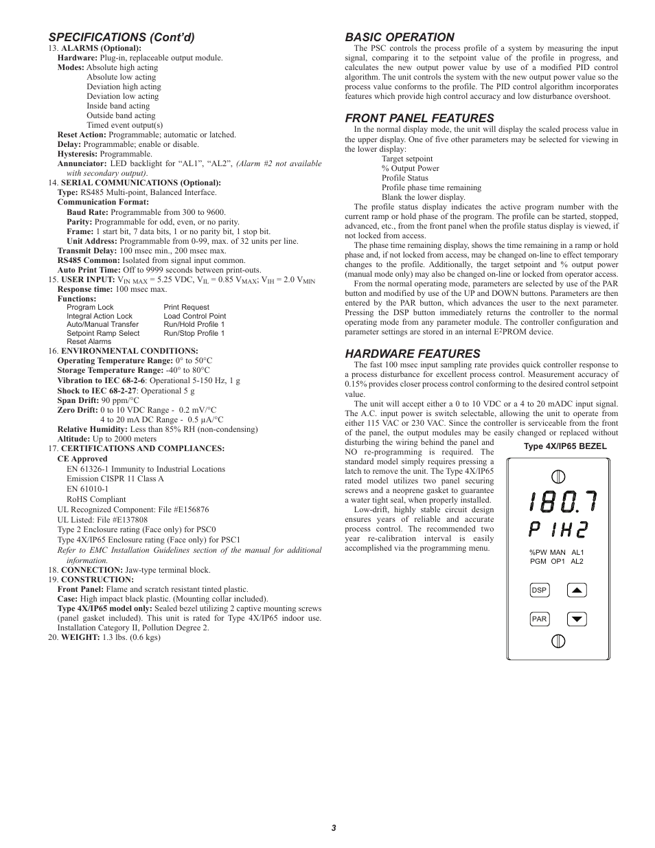 Specifications (cont’d), Basic operation, Front panel features | Hardware features | Red Lion PSC User Manual | Page 3 / 8
