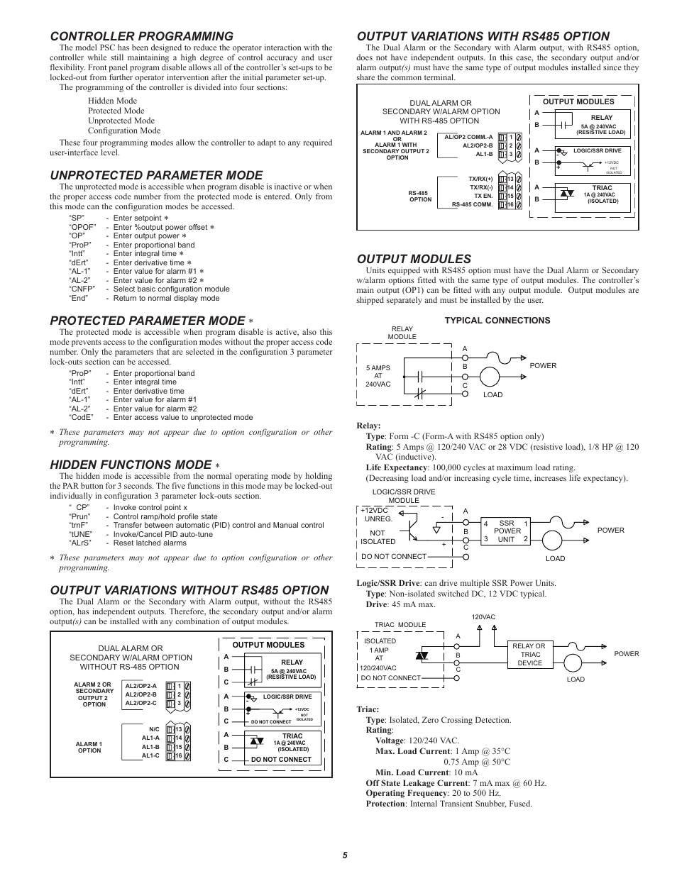 Controller programming, Unprotected parameter mode, Protected parameter mode | Hidden functions mode, Output variations without rs485 option, Output variations with rs485 option, Output modules | Red Lion PSC User Manual | Page 5 / 8