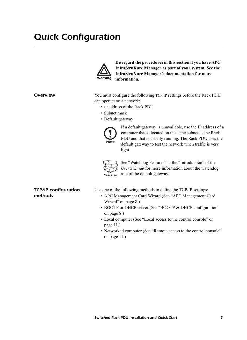 Quick configuration, Overview, Tcp/ip configuration methods | American Power Conversion AP7902 AP7911 User Manual | Page 11 / 26