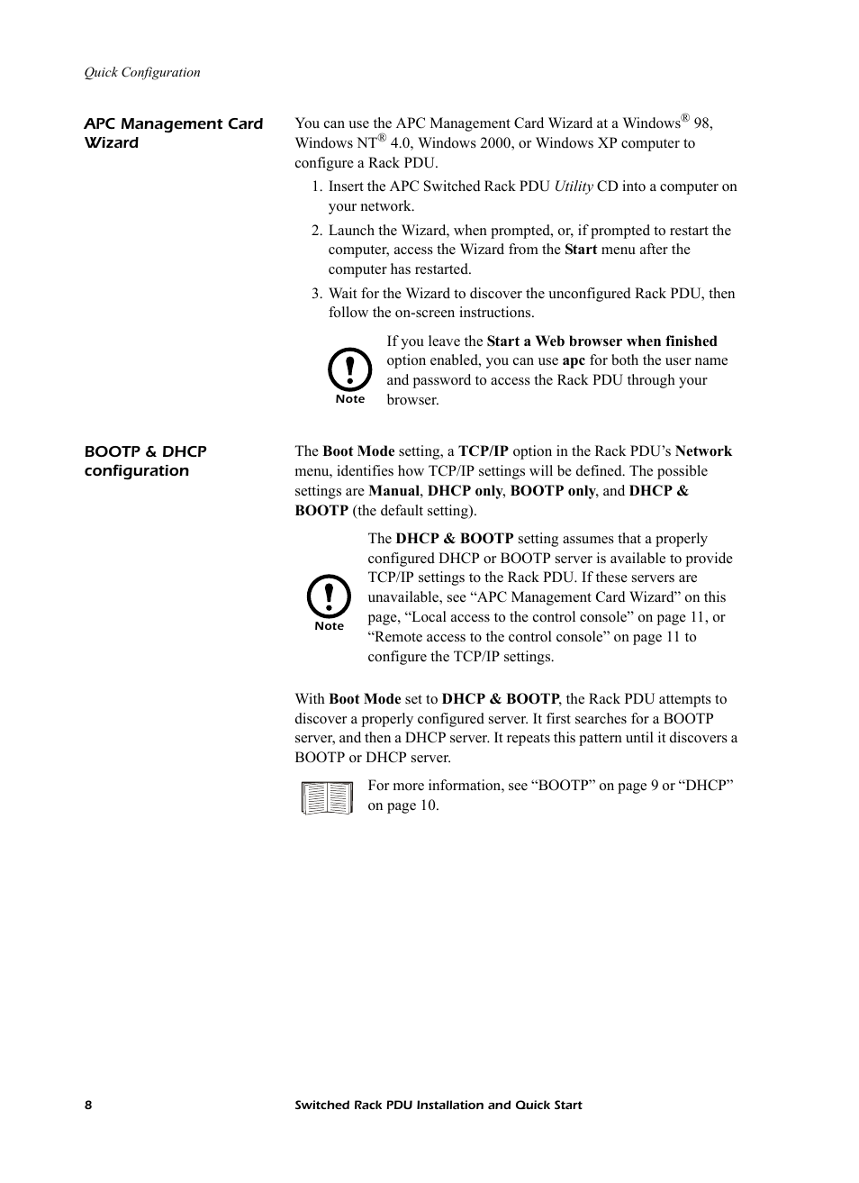 Apc management card wizard, Bootp & dhcp configuration, Apc management card | American Power Conversion AP7902 AP7911 User Manual | Page 12 / 26