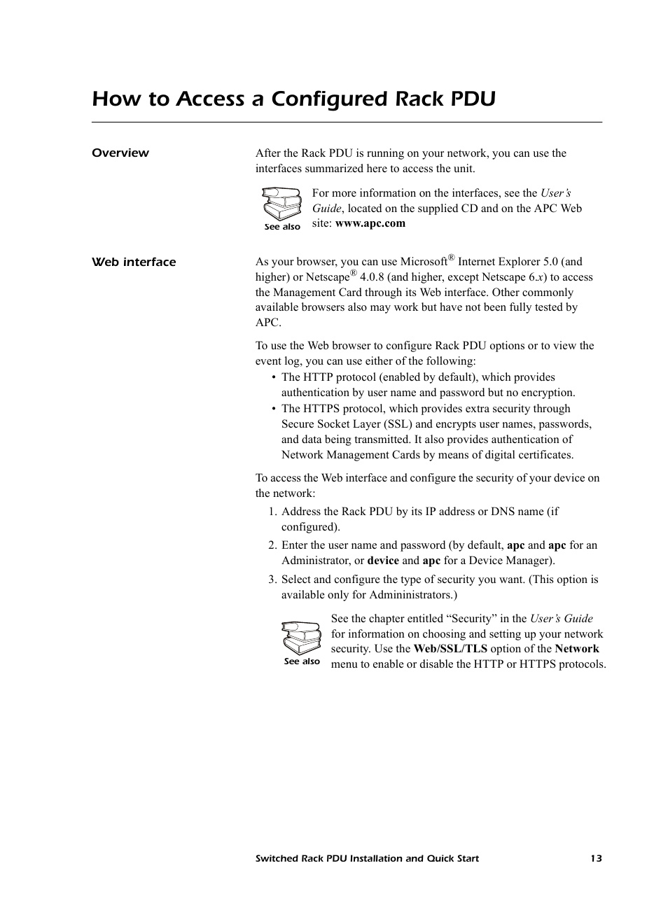 How to access a configured rack pdu, Overview, Web interface | American Power Conversion AP7902 AP7911 User Manual | Page 17 / 26