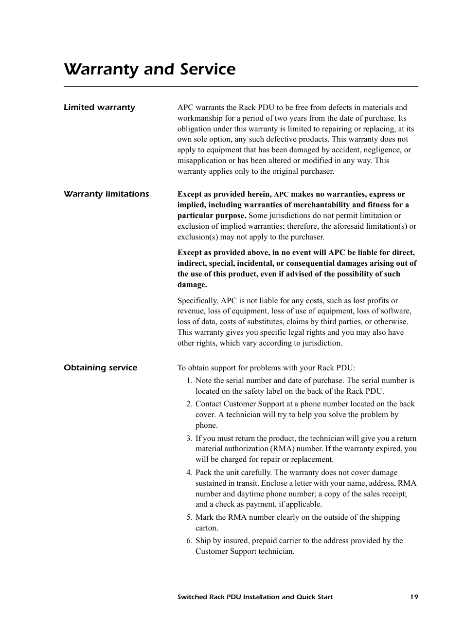 Warranty and service, Limited warranty, Warranty limitations | Obtaining service | American Power Conversion AP7902 AP7911 User Manual | Page 23 / 26