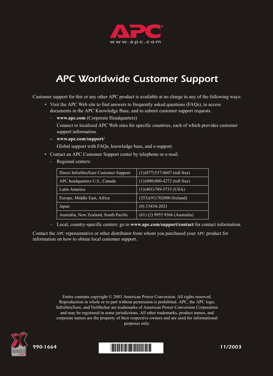 Apc worldwide customer support | American Power Conversion AP7902 AP7911 User Manual | Page 26 / 26