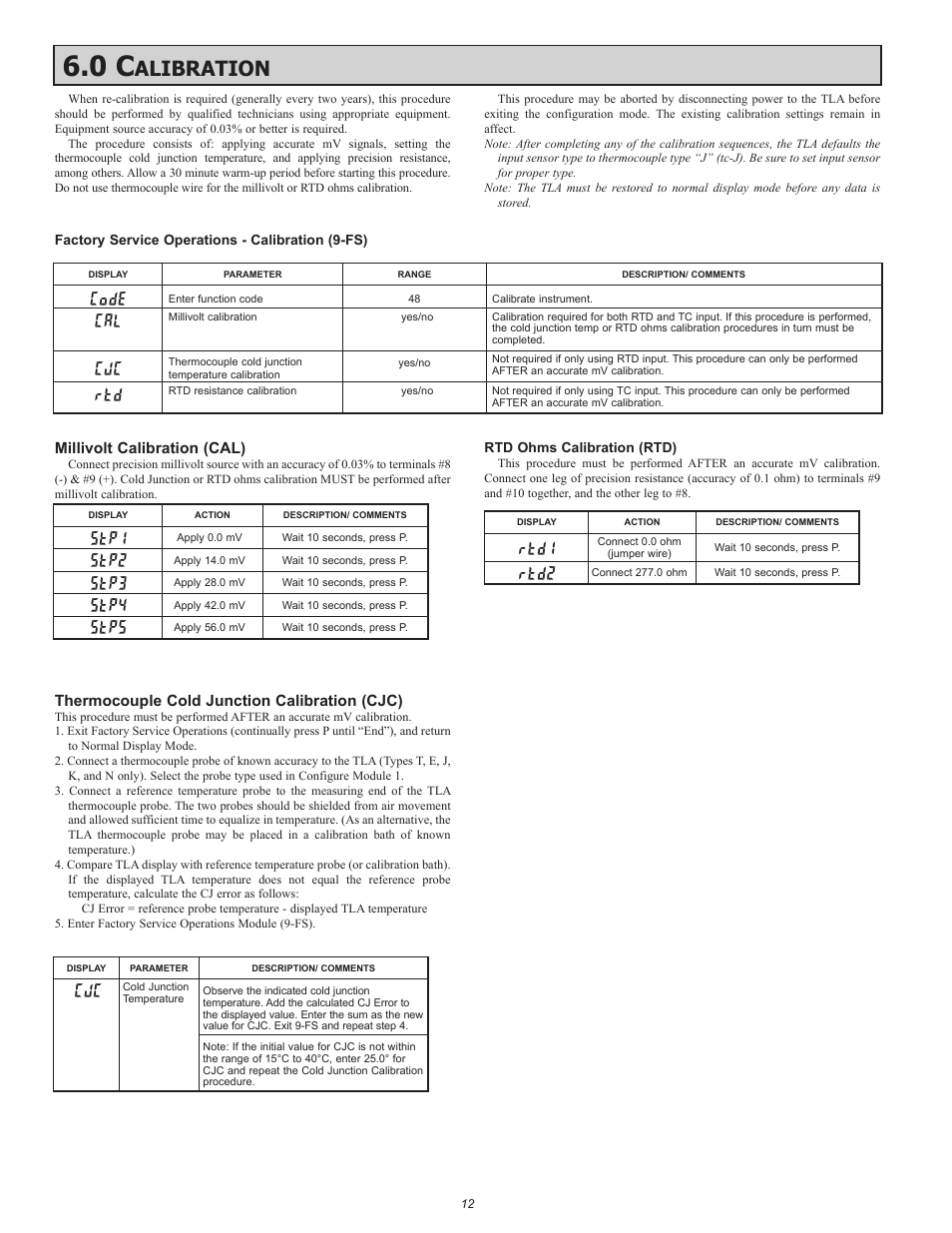 Alibration, Cal code, Stp5 stp4 stp2 | Stp3, Stp1, Rtd2, Rtd1 | Red Lion TLA User Manual | Page 12 / 16