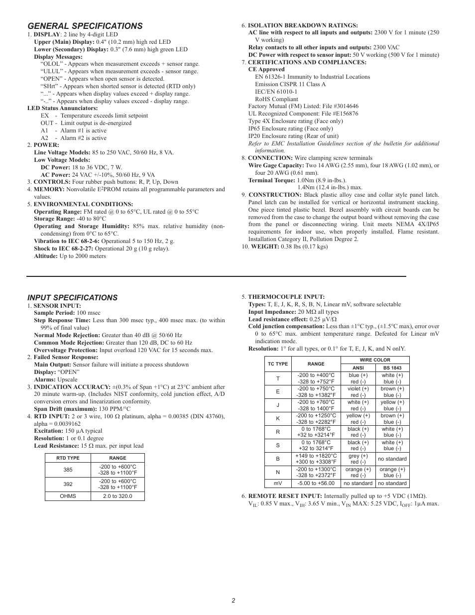 General specifications, Input specifications | Red Lion TLA User Manual | Page 2 / 16