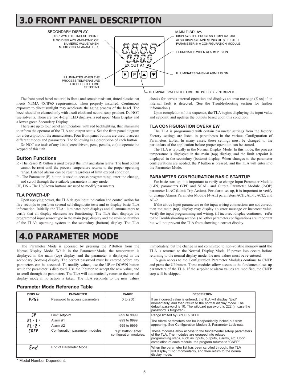 0 front panel description, 0 parameter mode, Pass | Al-1, Al-2, Cnfp | Red Lion TLA User Manual | Page 6 / 16