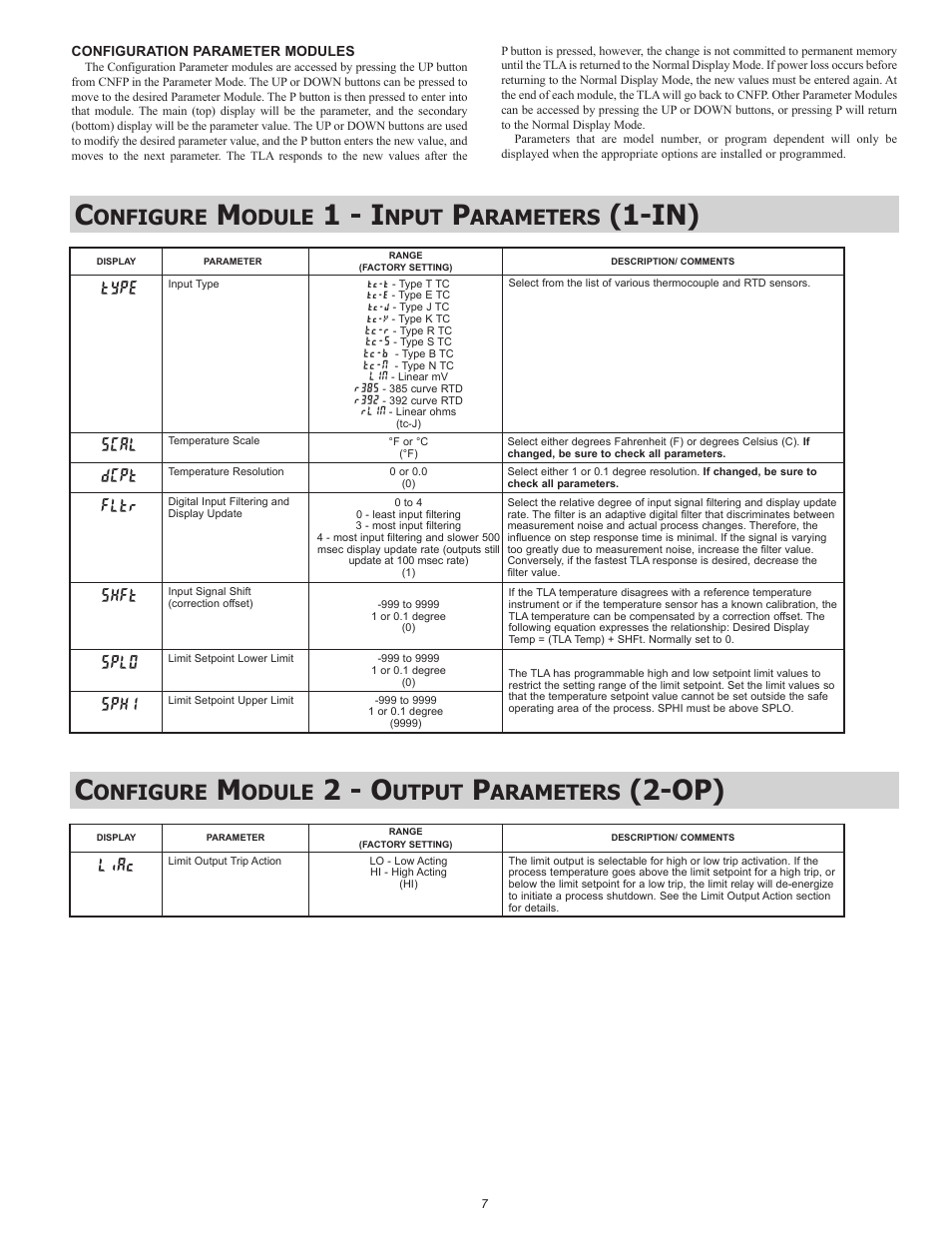 1 - i, 2 - o, Onfigure | Odule, Nput, Arameters, Utput, Type, Scal, Dcpt | Red Lion TLA User Manual | Page 7 / 16