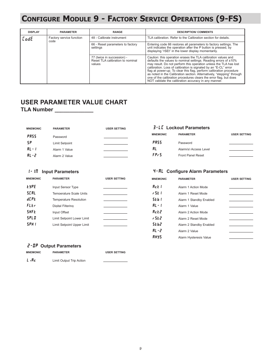 9 - f, Onfigure, Odule | Actory, Ervice, Perations, User parameter value chart, Code, Tla number, Al-2  l-1 | Red Lion TLA User Manual | Page 9 / 16