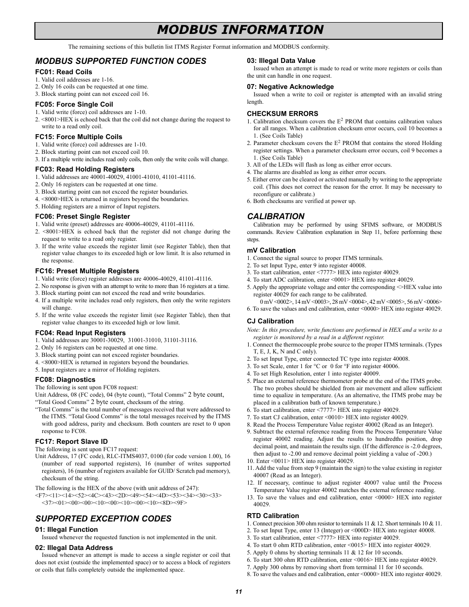 Modbus information, Modbus supported function codes, Supported exception codes | Calibration | Red Lion ITMS User Manual | Page 11 / 16