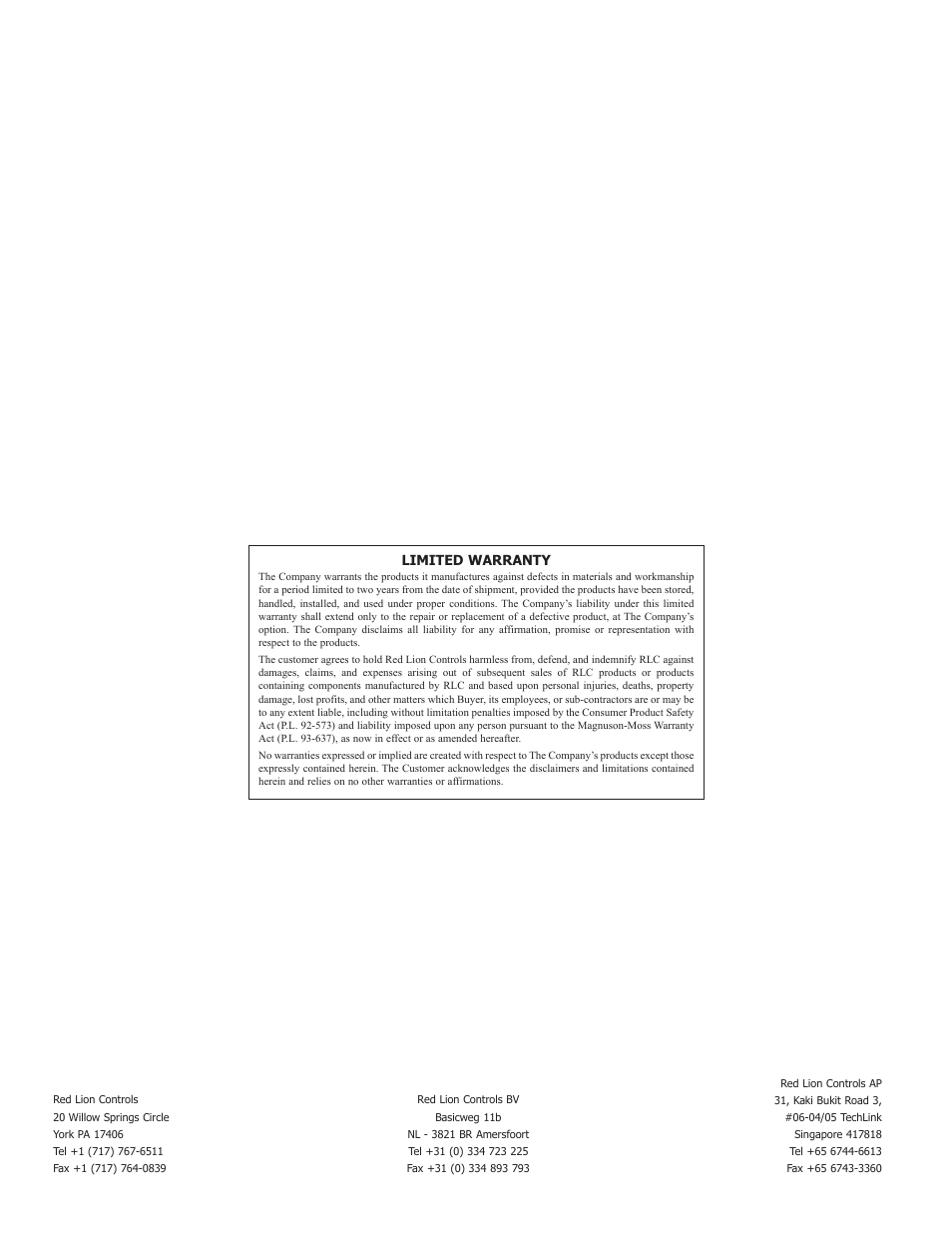 Limited warranty | Red Lion ITMS User Manual | Page 16 / 16
