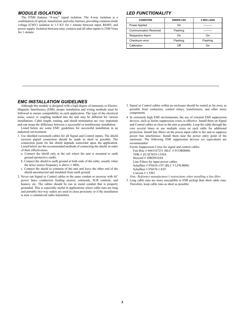 Module isolation, Led functionality, Emc installation guidelines | Red Lion ITMS User Manual | Page 3 / 16