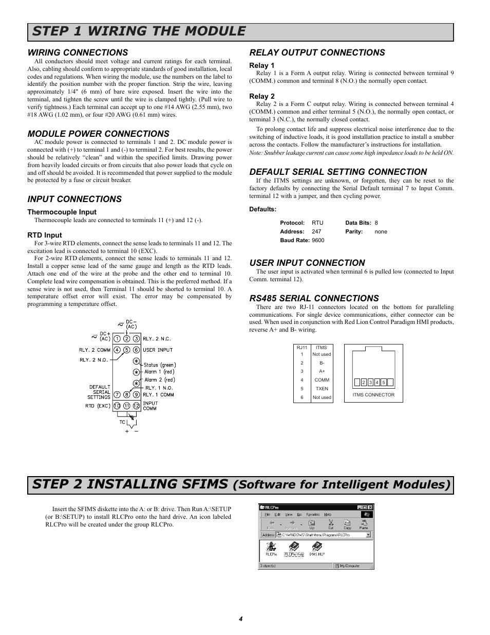 Step 1 wiring the module step 2 installing sfims, Software for intelligent modules), Wiring connections | Module power connections, Input connections, Relay output connections, Default serial setting connection, User input connection, Rs485 serial connections | Red Lion ITMS User Manual | Page 4 / 16