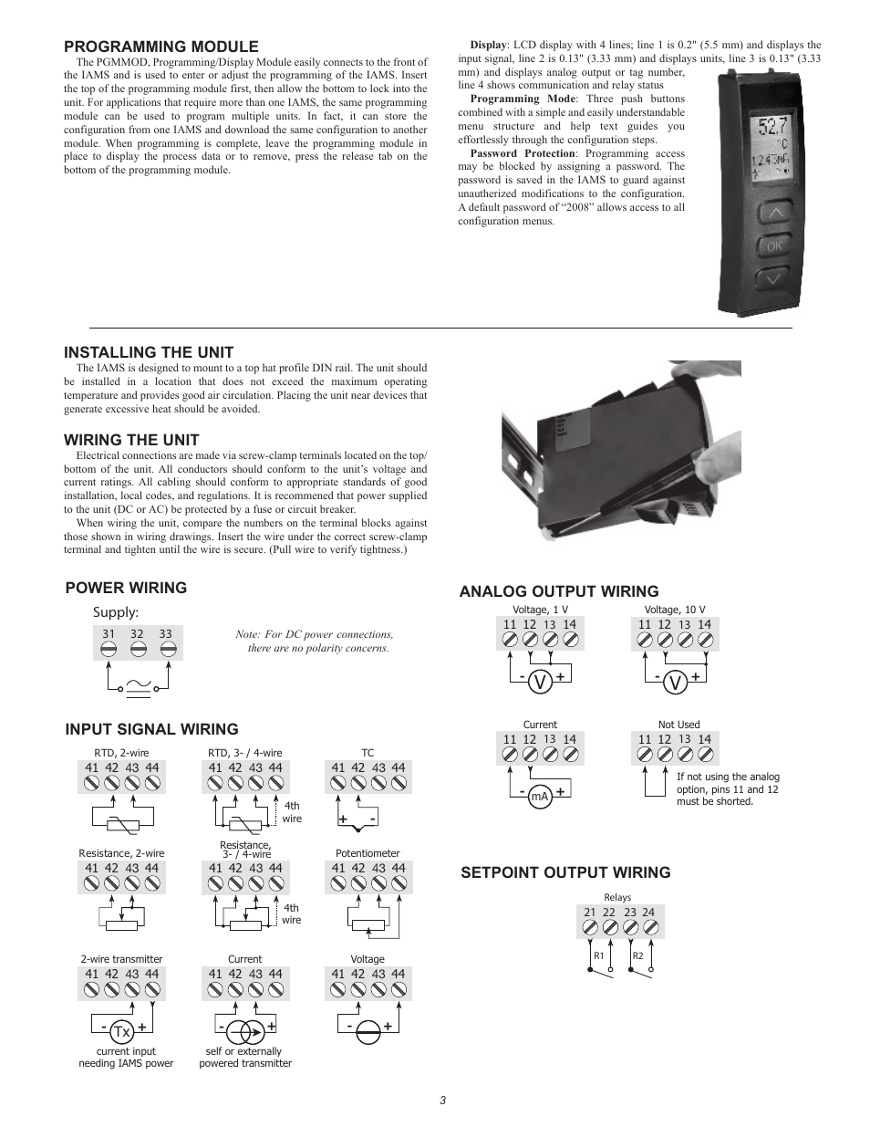 Programming module, Installing the unit, Wiring the unit | Power wiring, Input signal wiring, Analog output wiring, Setpoint output wiring, Supply | Red Lion IAMS User Manual | Page 3 / 4