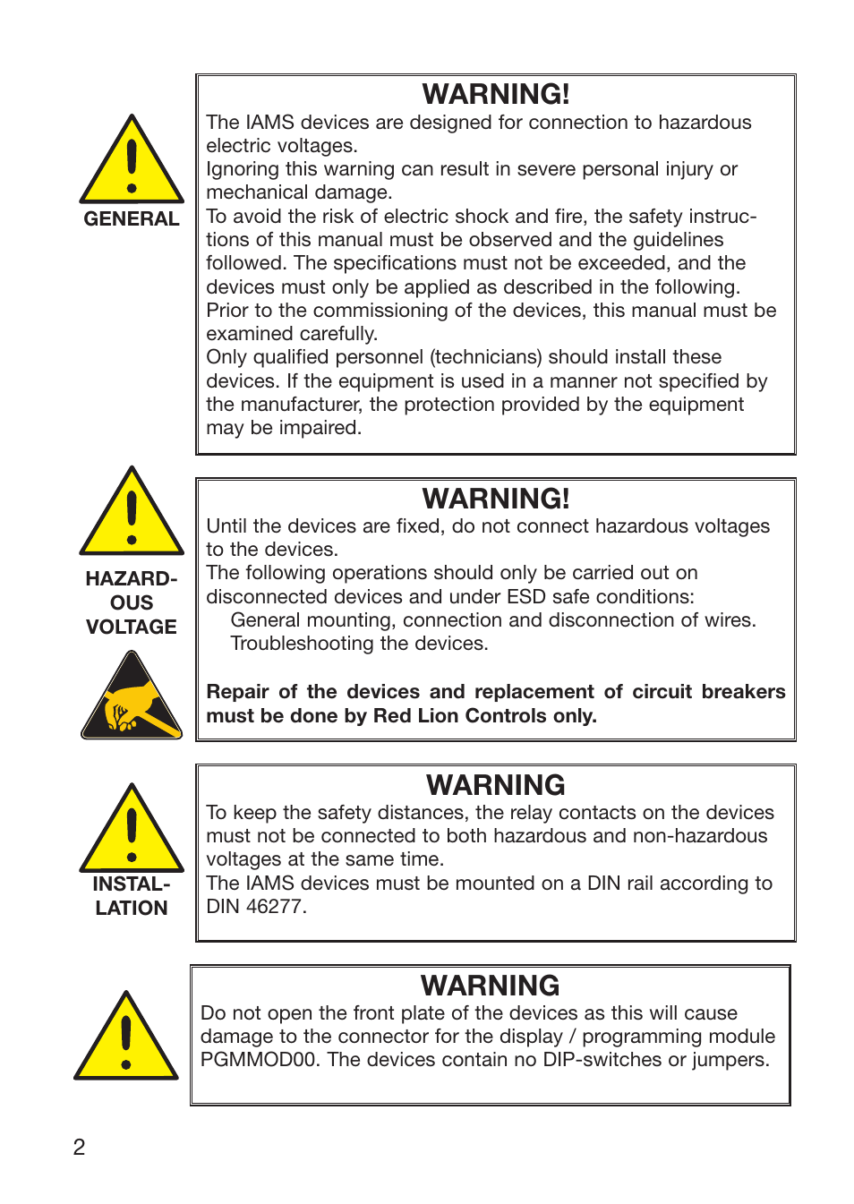 Warning | Red Lion IAMS User Manual | Page 3 / 86