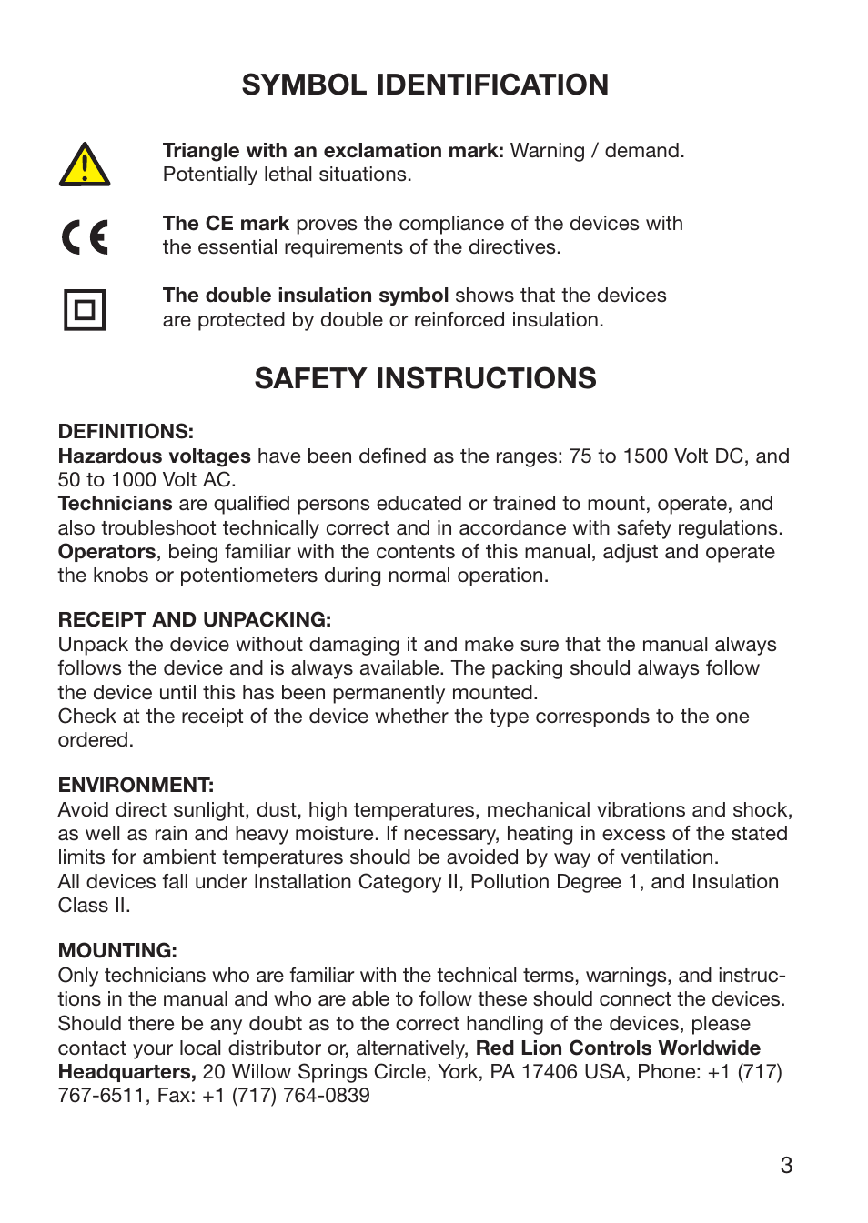Symbol identification, Safety instructions | Red Lion IAMS User Manual | Page 4 / 86