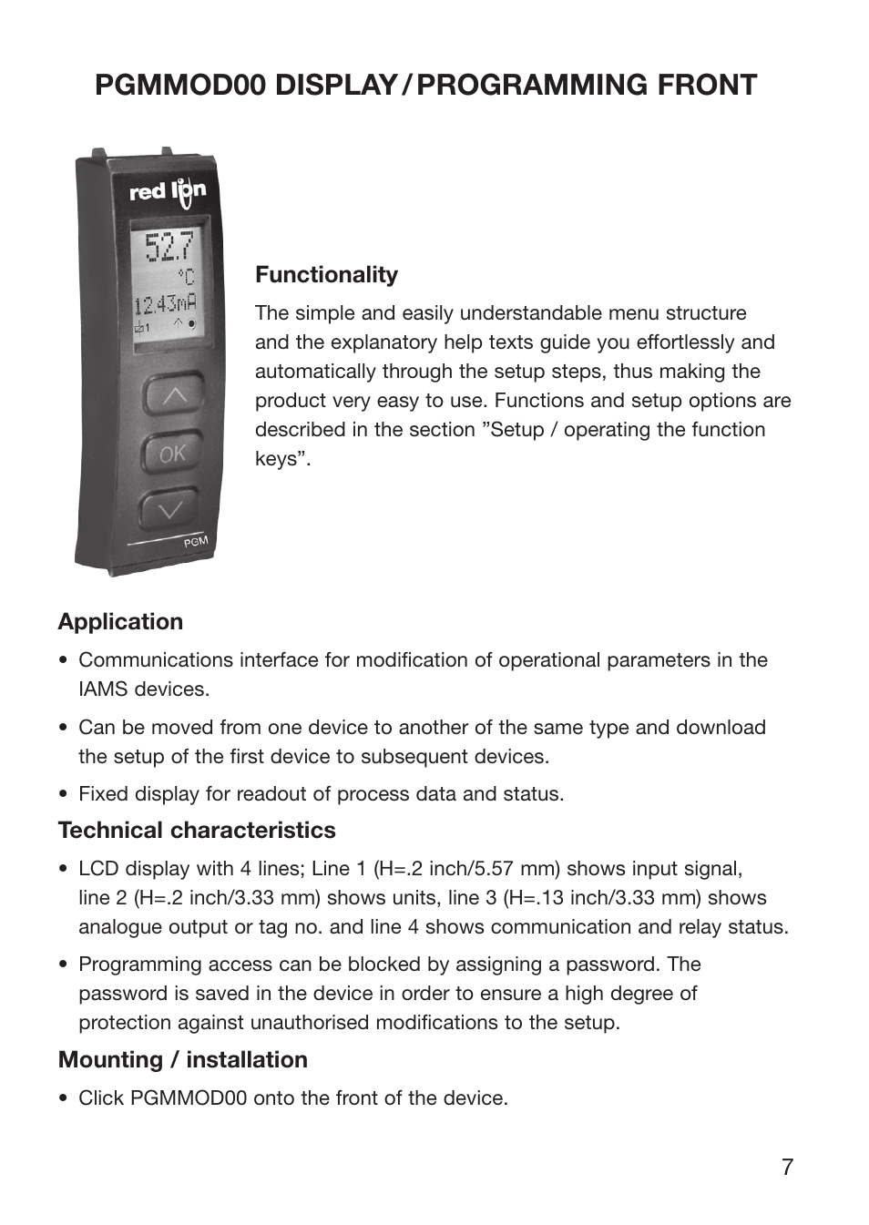 Pgmmod00 display / programming front | Red Lion IAMS User Manual | Page 8 / 86