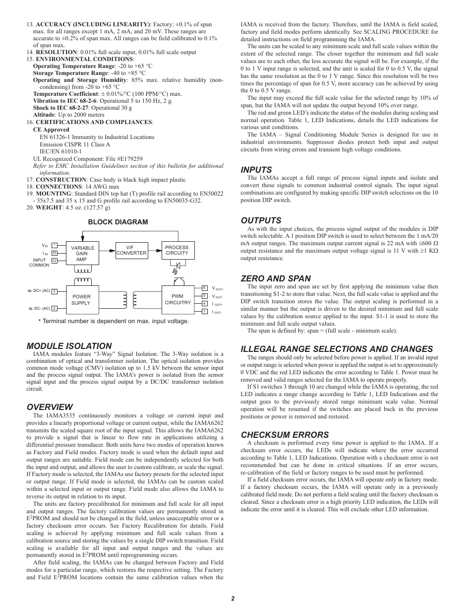 Module isolation, Overview, Inputs | Outputs, Zero and span, Illegal range selections and changes, Checksum errors | Red Lion IAMA User Manual | Page 2 / 8