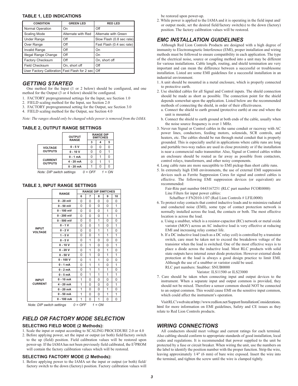 Getting started, Field or factory mode selection, Emc installation guidelines | Wiring connections | Red Lion IAMA User Manual | Page 3 / 8