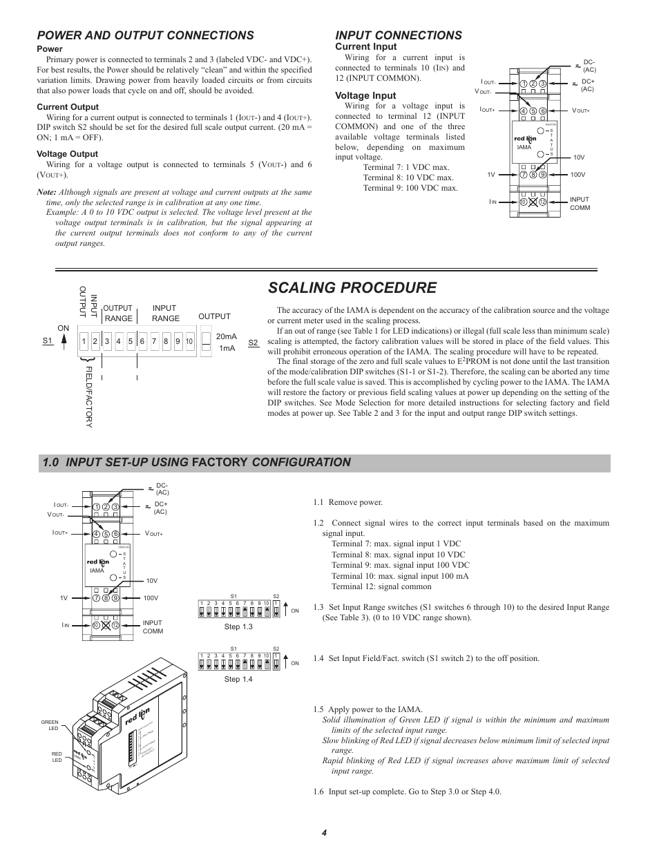 Scaling procedure, Power and output connections, Input connections | 0 input set-up using factory configuration, Current input, Voltage input | Red Lion IAMA User Manual | Page 4 / 8