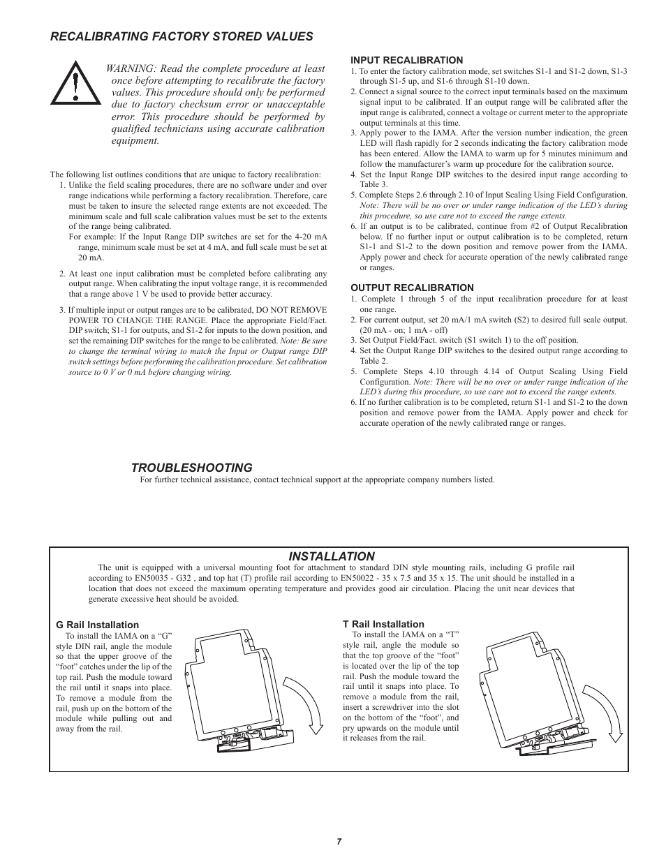 Recalibrating factory stored values, Troubleshooting, Installation | Red Lion IAMA User Manual | Page 7 / 8